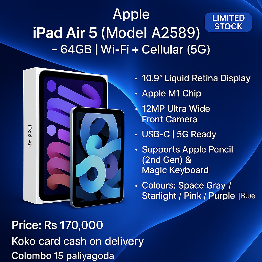 Apple iPad Air 5th Gen (Model A2589) – 64GB | Wi-Fi + Cellular (5G)