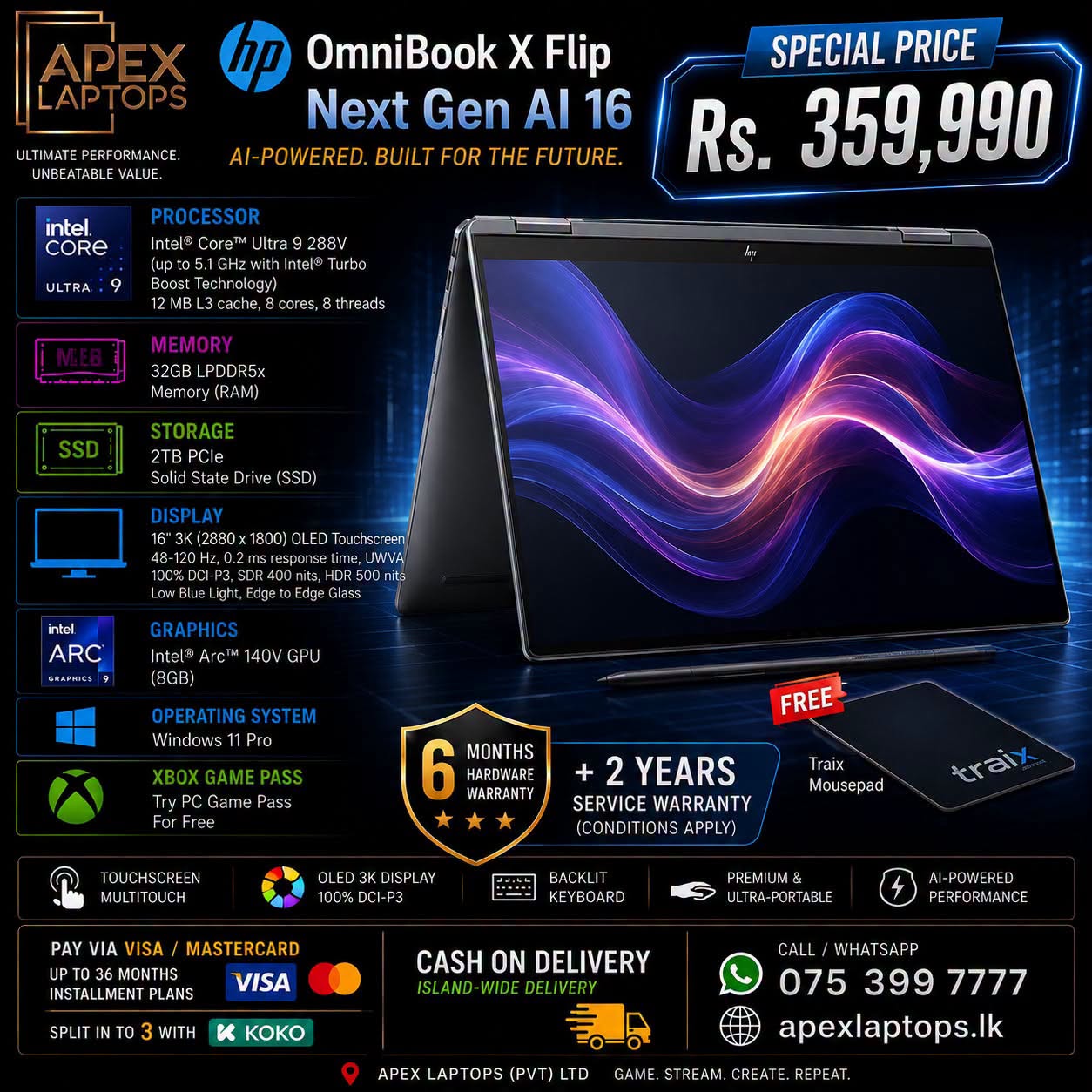 HP OmniBook X Flip Next Gen AI 16 Laptop, Intel Ultra 9-288V, 32 GB LPDDR5x RAM, 2 TB SSD PCIe, 16" 3K (2880x1800) Touchscreen, Intel Arc 140V, Backlit Keyboard, W11 Pro, Eclipse Gray+Traix Mousepad