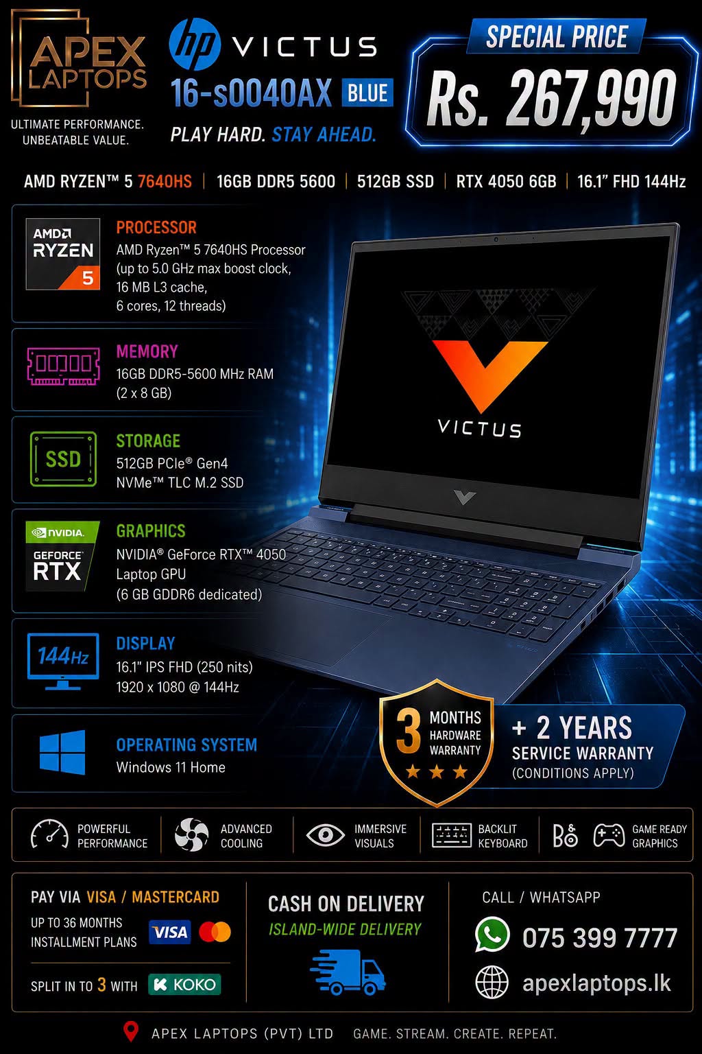 HP Victus 16-s0040AX Blue (AMD Ryzen 5-7640HS / 16GB DDR5 5600 / 512GB SSD / NVIDIA GeForce RTX4050